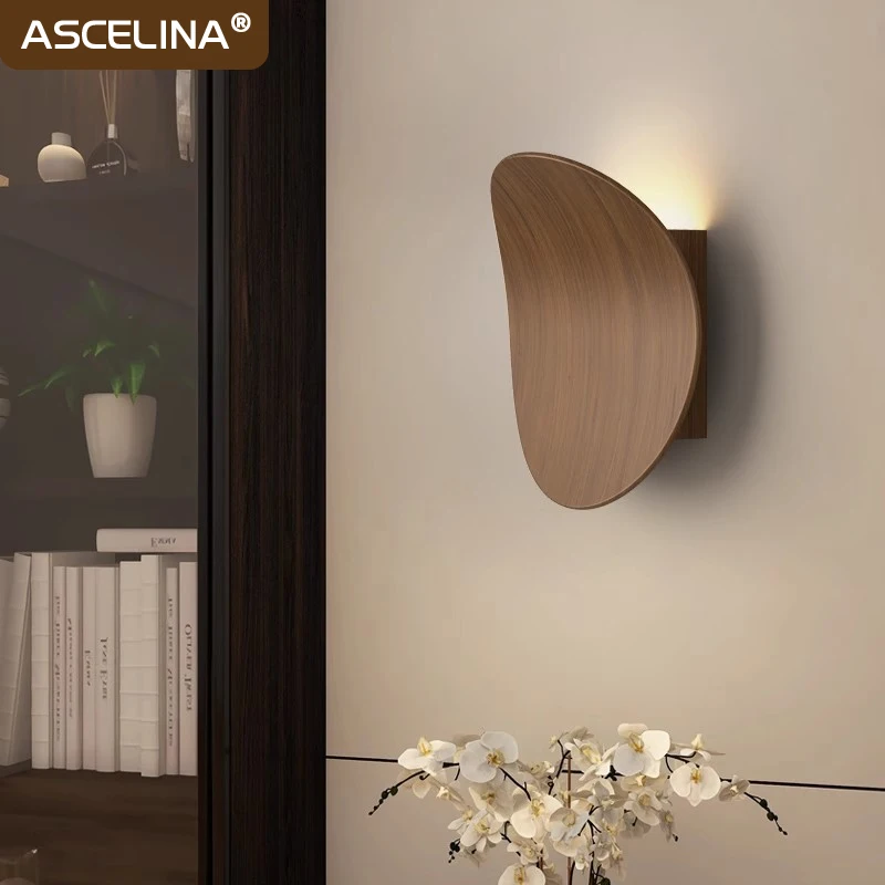 Lámpara de pared de madera nórdica, luz LED redonda minimalista para dormitorio, sala de estar, estudio, mesita de noche, pasillo, decoración de