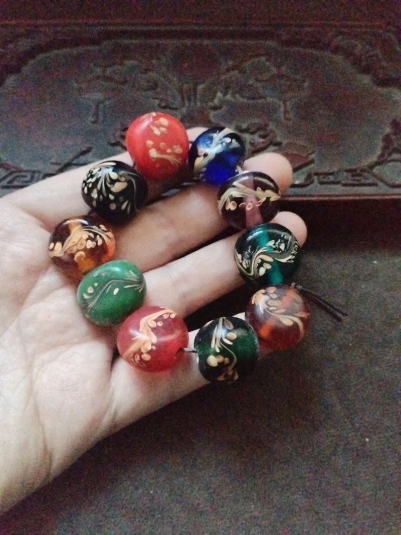 Retro Mixed Color Gold Foil Glass Coin Bead Bracelet Swirl Pattern Oriental Unisex Daily Wearing Hand Jewelry