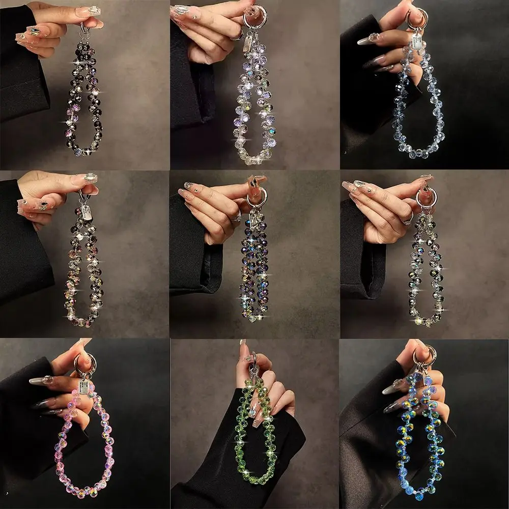 Stylish Glitter Crystal Bead Pendant Transparent Colorful Wrist Crystal Chain Detachable Phone Lanyard for Women Girls