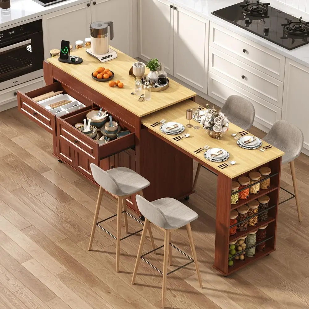 

80 Kitchen Island with Dining Extension, Power Outlet, 2 Drawers, 3-Tier Rolling Cart in Brown