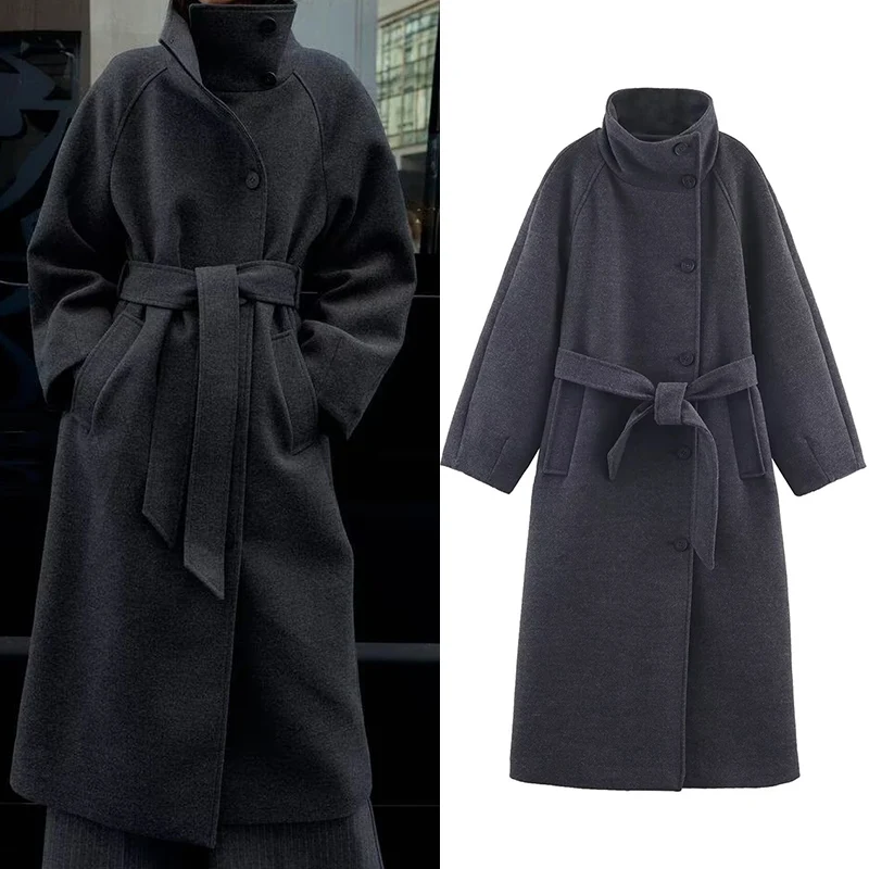 

Женское длинное пальто 2025 года, новая мода, осень-зима, мягкое длинное пальто с воротником-стойкой и поясом для женщин, повседневное шикарное женское пальто