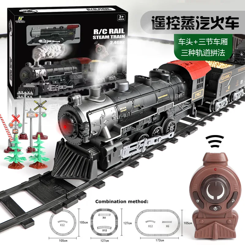 Treno a vapore su guida R/C con controller da 2,4 GHz con suono leggero Set di treni ferroviari elettrici classico giocattolo per treni natalizi per bambini