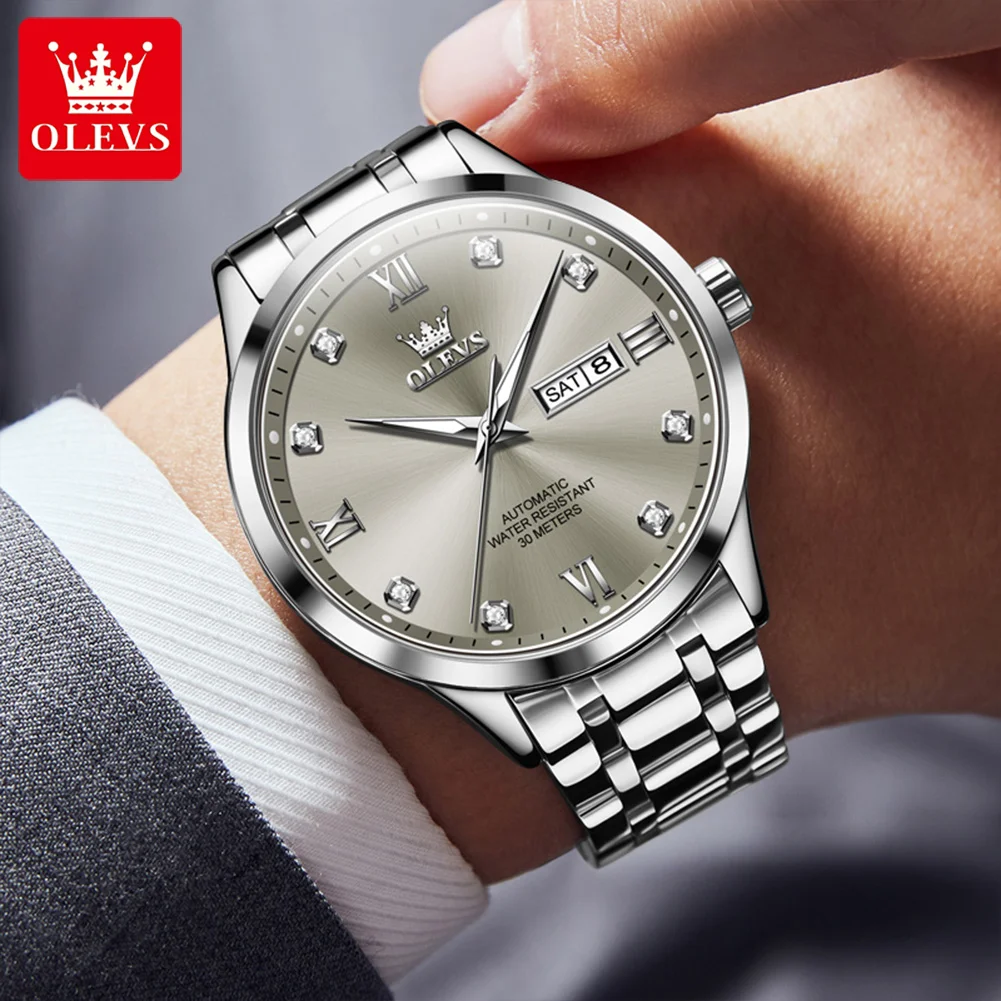 OLEVS Luxury Wach for Men Diamond Dial Dual Calendar Display Fashion Classic Waterproof Men\'s Automatic Mechanical Watches New