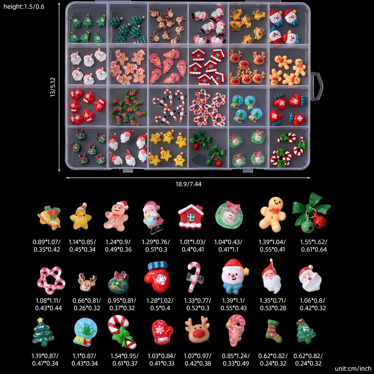 24grid 3D Kawaii Weihnachtsmann/Schneemann/Elch/Handschuhe/Glocke/Bonbon/Weihnachtsbaum Nagelcharms Flache Rückseite Harz Weihnachts-Winter-Nagelsteine – Detail 9