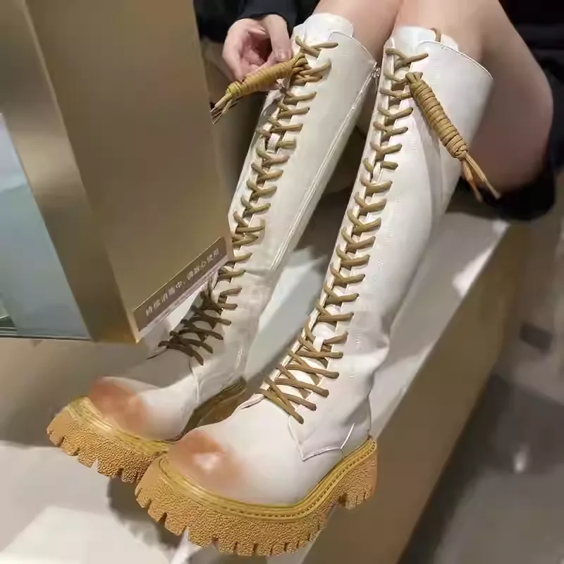 

Burgundy Round-Toe Knee-High Boots Side Zipper Front And Laces Chunky Heel Thick-Soled Women's Boots