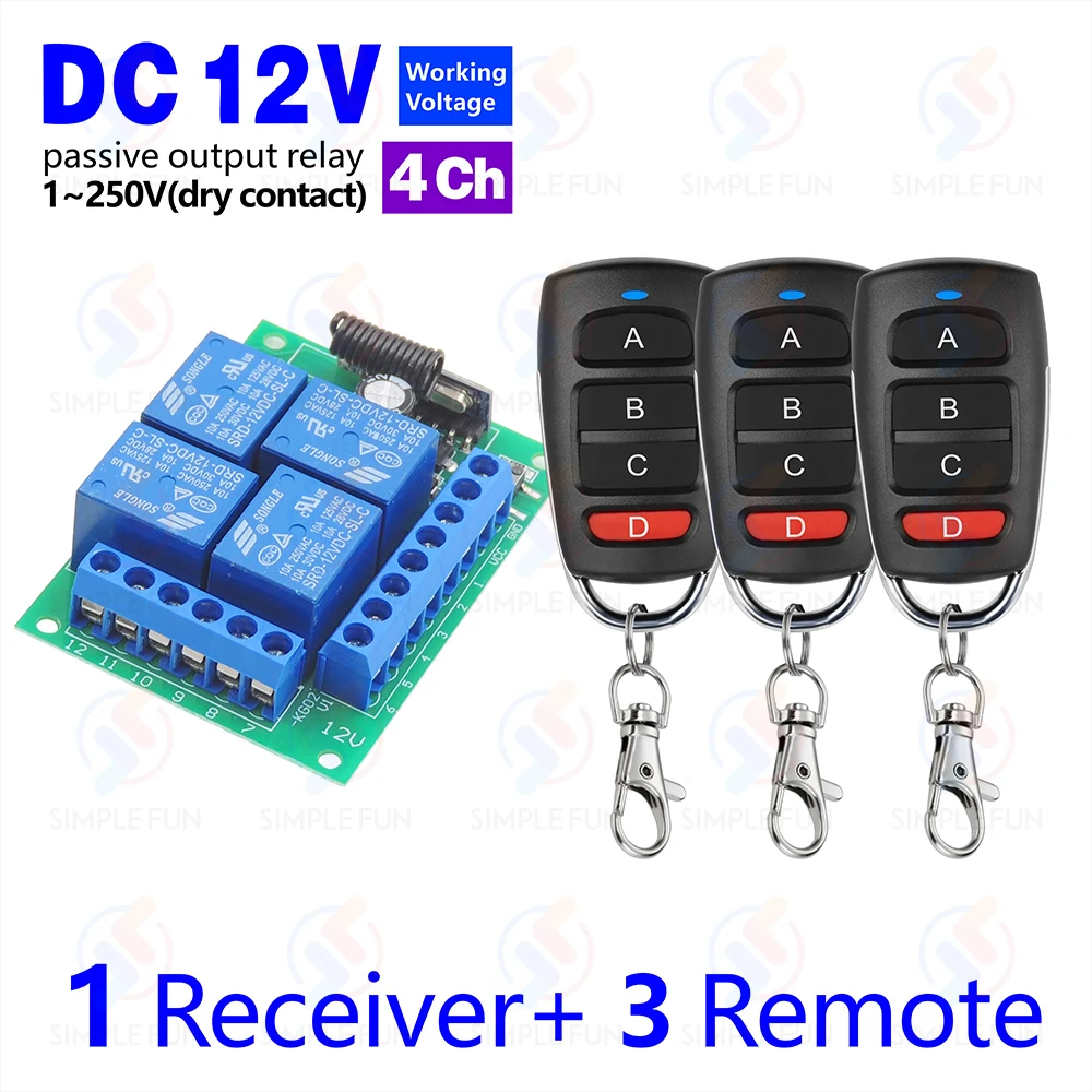 433 Mhz Universal Drahtlose Fernbedienung Licht Schalter DC 12 V 4CH RF Relais Empfänger 60 m Reichweite für Licht/Garage Tür/LED DIY