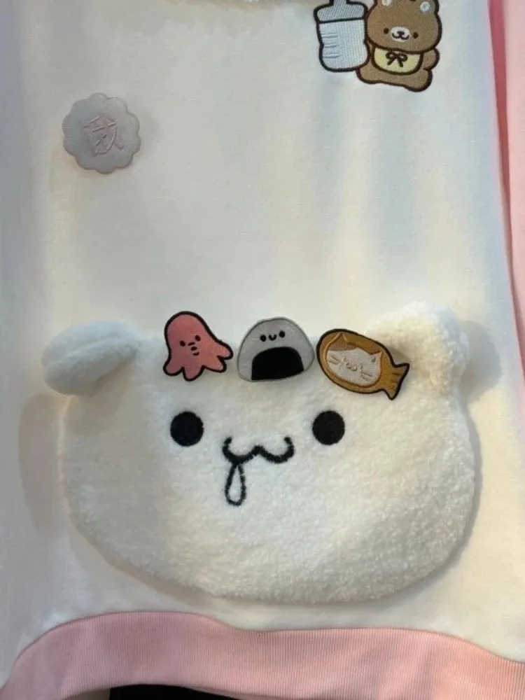 女性のための日本のカワイイフード付きスウェットシャツ,刺embroideryのクマのポケット,ゆったりとしたスウェットシャツ,かわいい原宿y2kセーター,エロティックなセーター