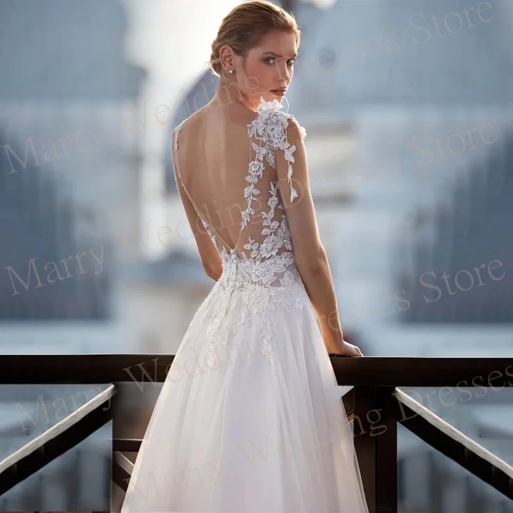 2024 affascinante o-collo una linea abiti da sposa da donna bellissime Appliques di pizzo abiti da sposa bottone senza schienale Tulle Robe De Mariee