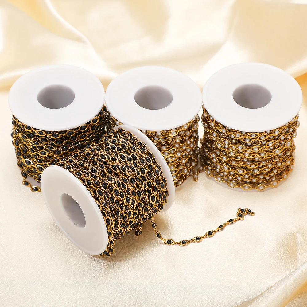 1 Meter Edelstahl-Perlenketten mit weißen und schwarzen Perlen und ovalen Gliedern für DIY-Halsketten, Armbänder, Ohrringe und Schmuckherstellung. – Detail 4