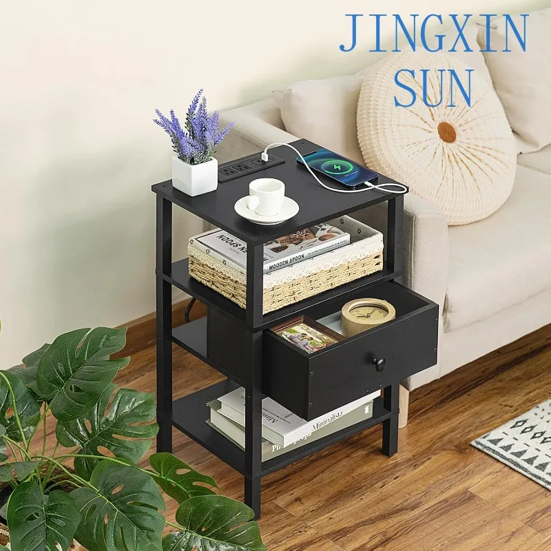 Lerliuo Nightstand With Charging Station And USB Ports 3-Tier Storage End Table With Drawer Shelf Night Stand For Small Spaces