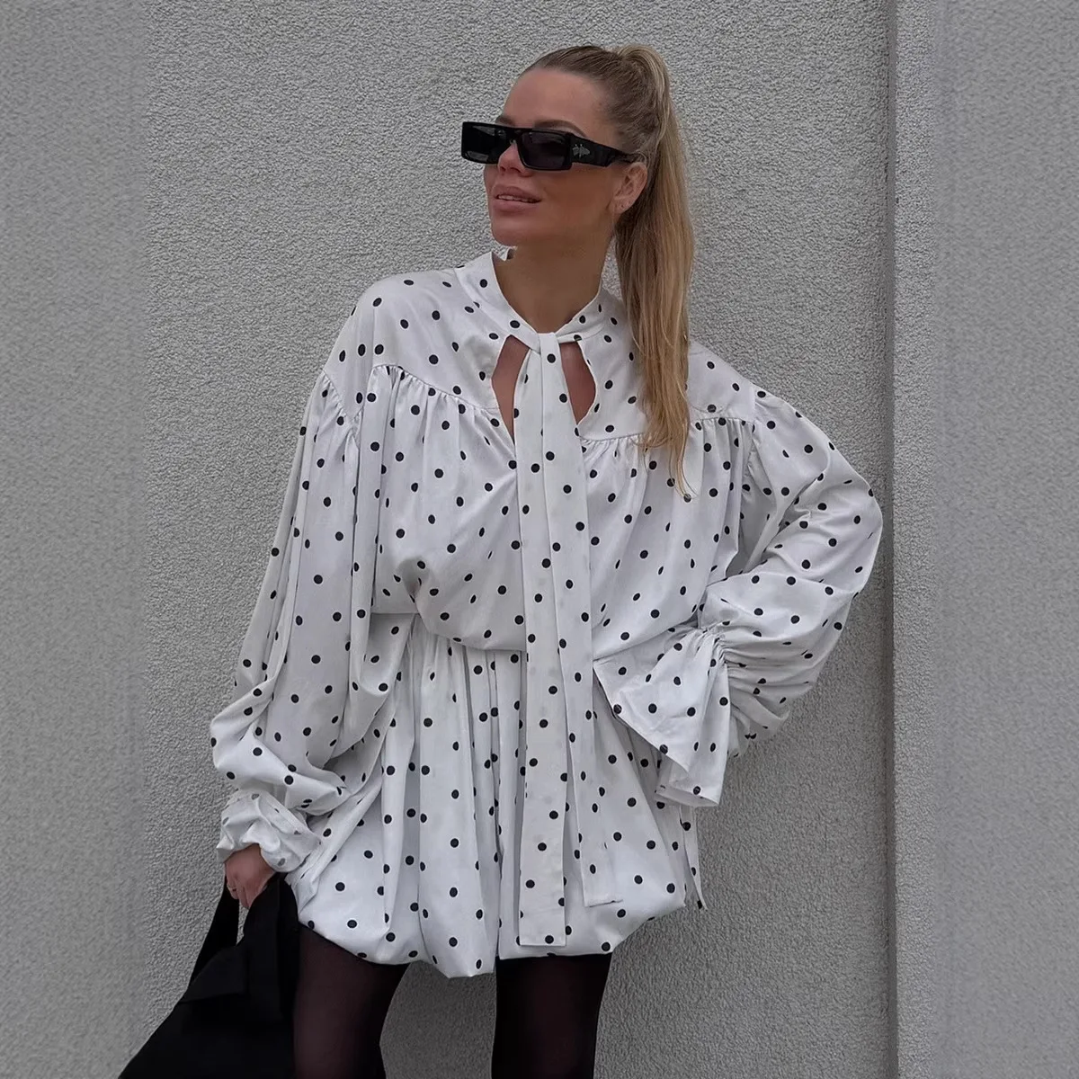 

2026 Spring Summer New Polka Dot Tie Up Bell Sleeve Blouse Flower Bud Skirt Set Women White Elegant Short Skirt