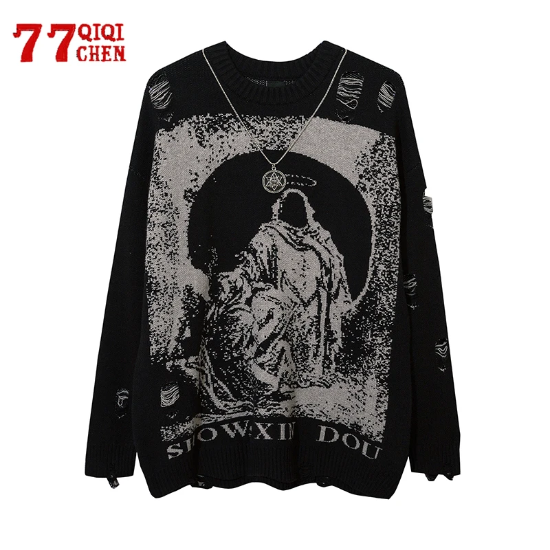 Harajuku Knitted Sweater Men with Chain Street Hip Hop Holy Mother of Death Pattern Hole Ripped Pullovers Jumper Loose Sweaters