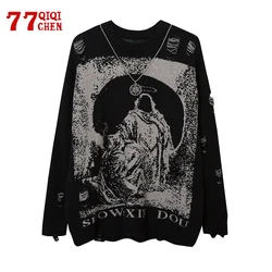 Harajuku Knitted Sweater Men with Chain Street Hip Hop Holy Mother of Death Pattern Hole Ripped Pullovers Jumper Loose Sweaters