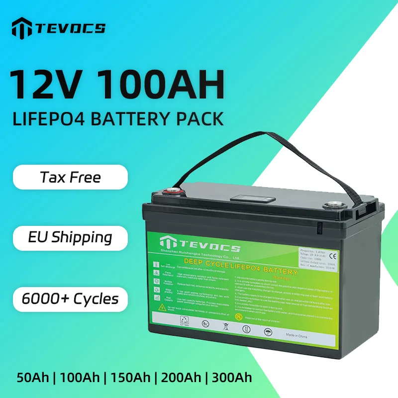 TEVOCS 12V 100AH LiFePO4 Battery Pack 12.8V High-Capacity Lithium iron phosphate BMS-Enabled for RV, Boat, Marine & Solar System