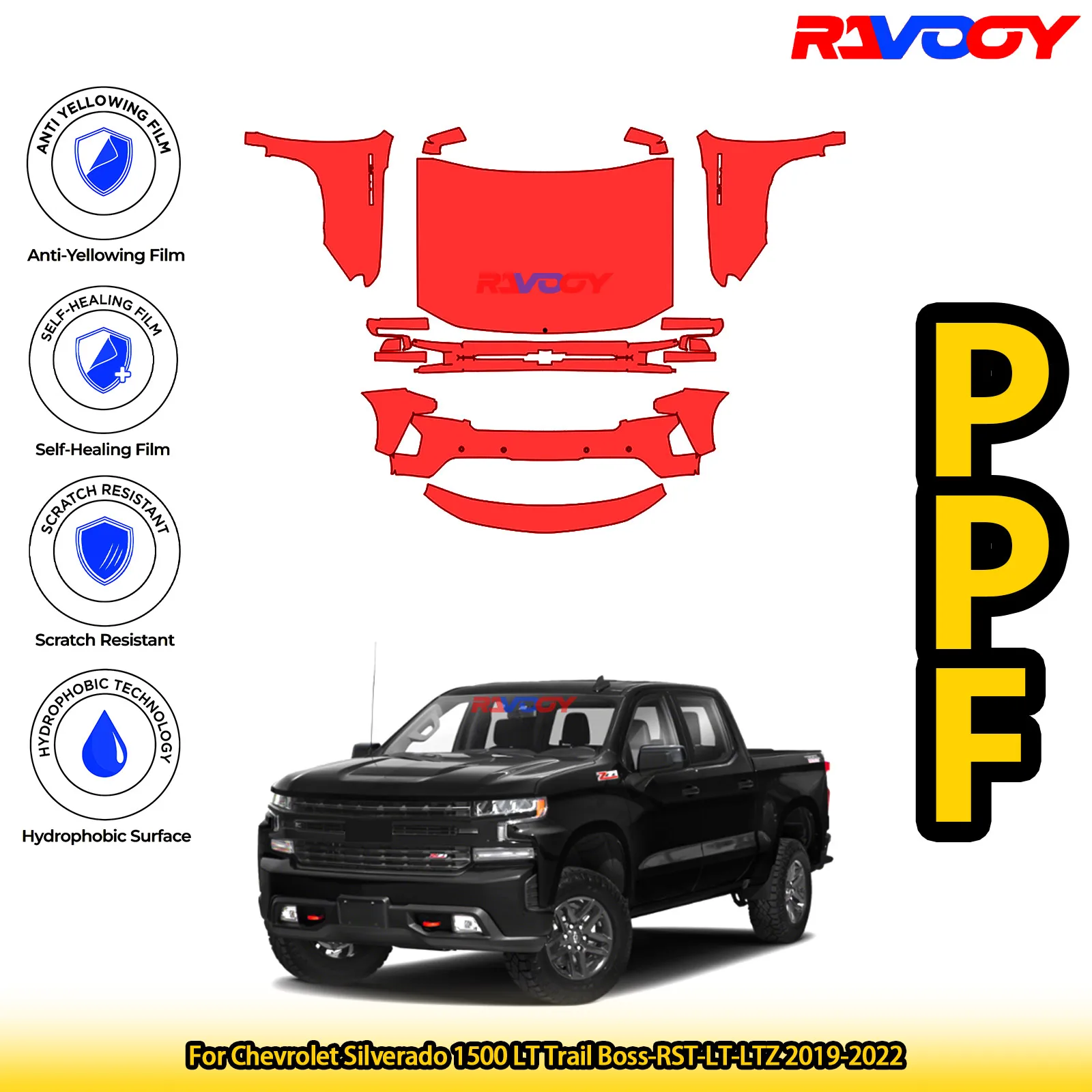 

For Chevrolet Silverado 1500 LT Trail Boss-RST-LT-LTZ 2019-2022 Glossy Matte Black Precut front PPF Kit Paint Protection Film