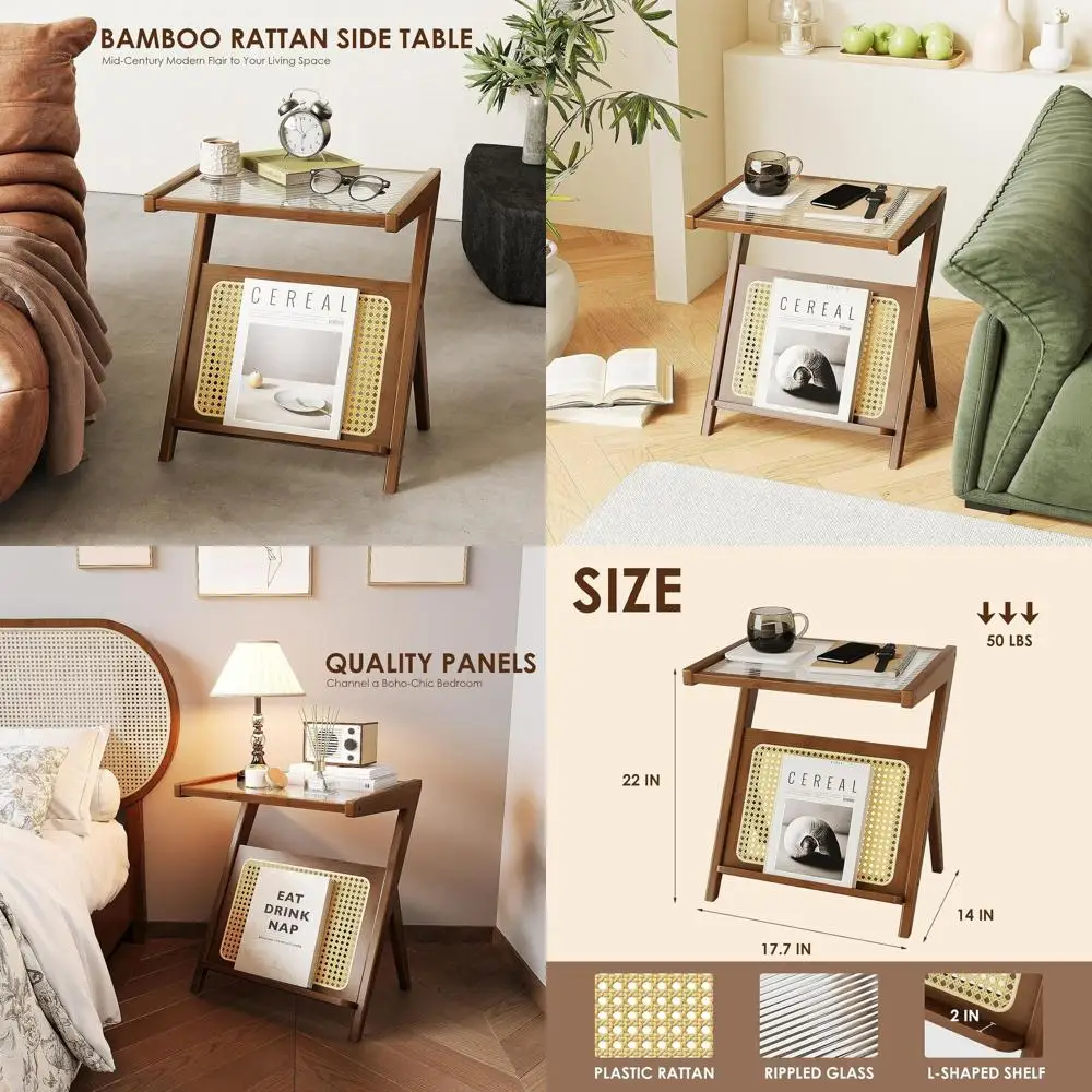 

Прикроватная тумбочка в стиле Mid-Century Modern из ротанга со стеклянной столешницей, местом для хранения и подставкой для проигрывателя виниловых пластинок для гостиных комнат