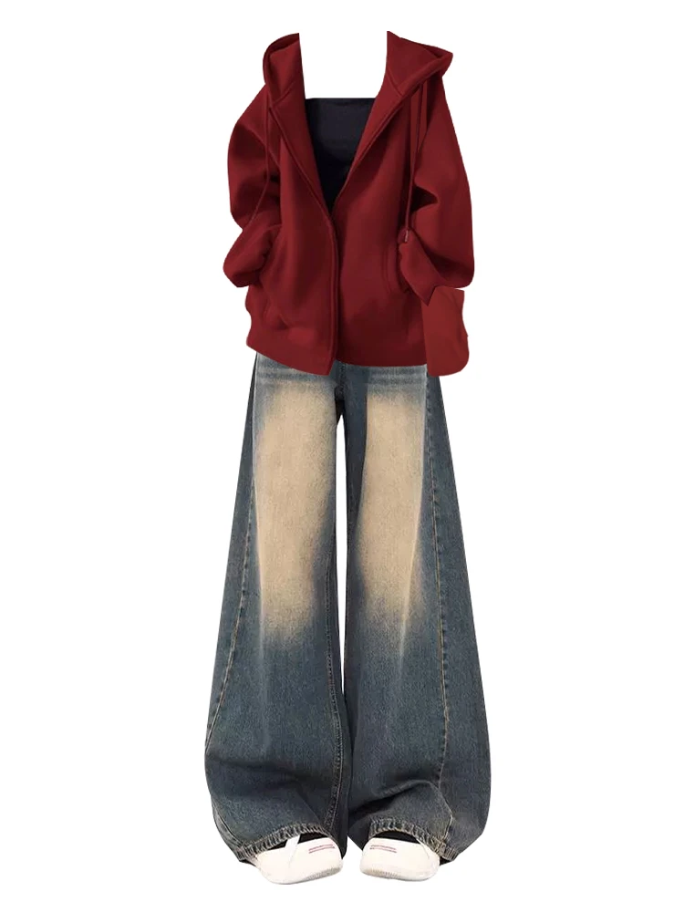 Autunno College Sle Cardigan aperto con cappuccio con cerniera ampia Completo da donna con jeans a gamba larga distranti Set da due pezzi Faionable...