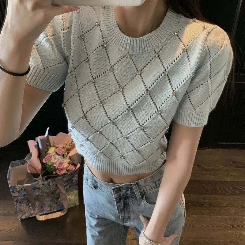 Diamonds Decor Knitted Korean Sweater Women Summer Short Sleeve O-neck Knitwear Pullover Elegant Stylish Chic Top Jumpers