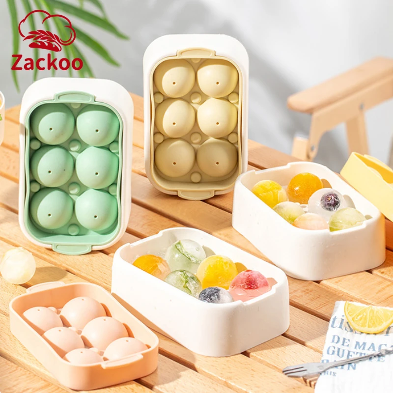 Zackoo 6 Grids Frozen Ice Cube Ball Mold with Lid Summer DIY Ice Drink Maker Silicone Tray Easily Demold Press Type Ice molds