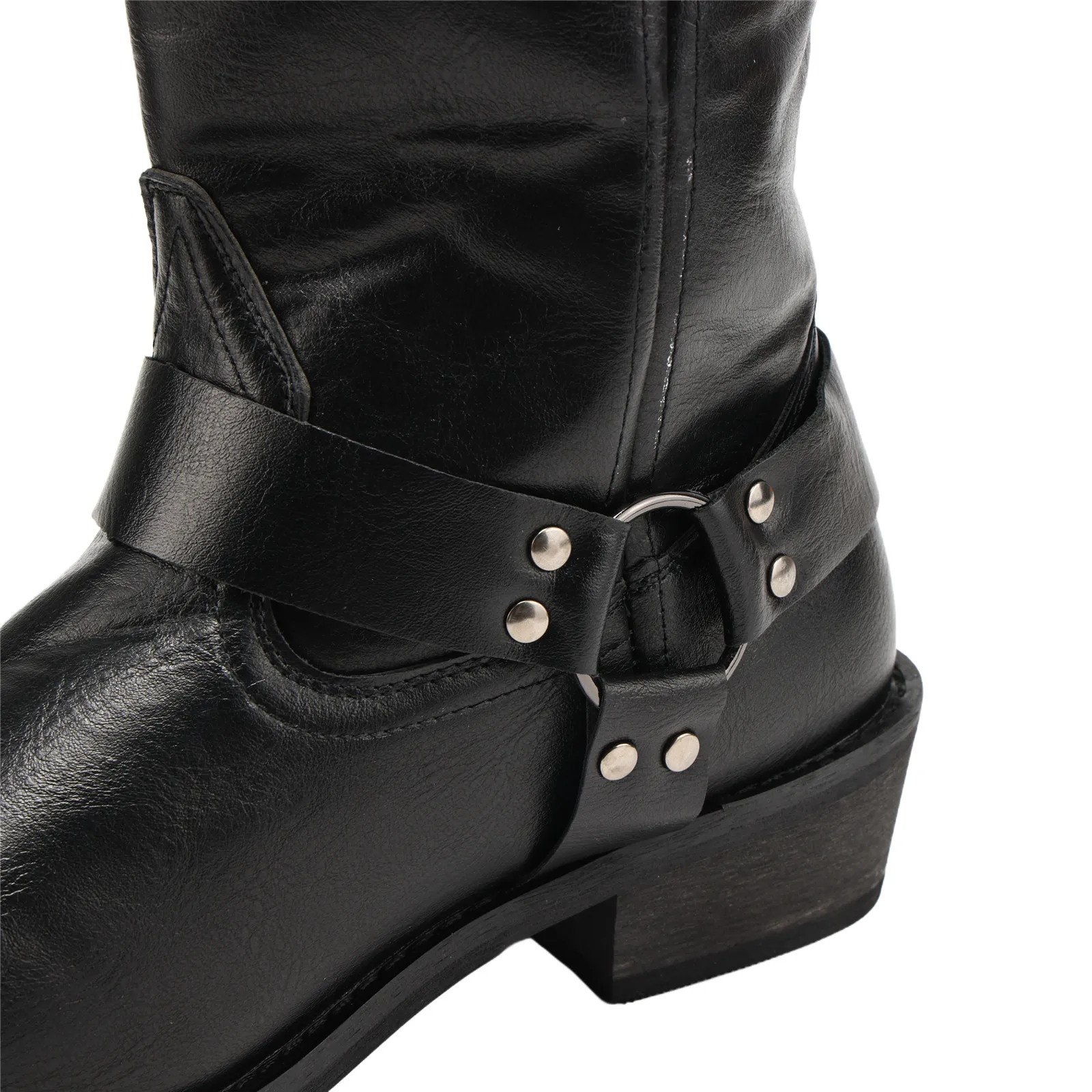 Botas de equitação retrô masculinas, botas de cowboy ocidentais, couro pu fosco, fivela de cinto, rebite, salto de madeira, sola de borracha