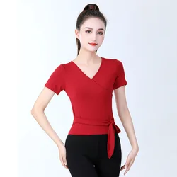 Latin Dance Practice Clothes Short-sleeved Tops Female Adult Summer Modern Dance Solid Color Lace-up Tee Dancing Wear For Girl