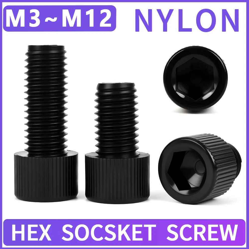 5-60pcs M3 M4 M5 M6 M8 M10 M12 Black Nylon Hexagon Hex Socket Head Screw Cup Head Allen Knurled Plastic Bolts for Insulation Use