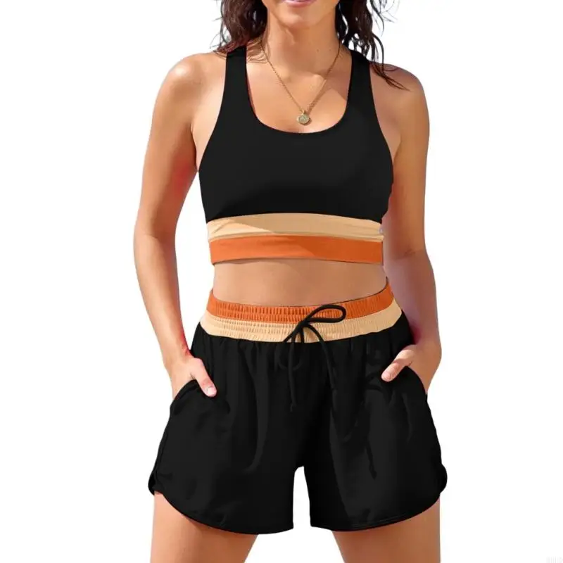 Elegantes Badeshorts-Set, zweiteilig, flexibler Badeanzug, Polyester-Textur, hohe Taille, geeignet zum Sonnenbaden und 69HD – Detail 4