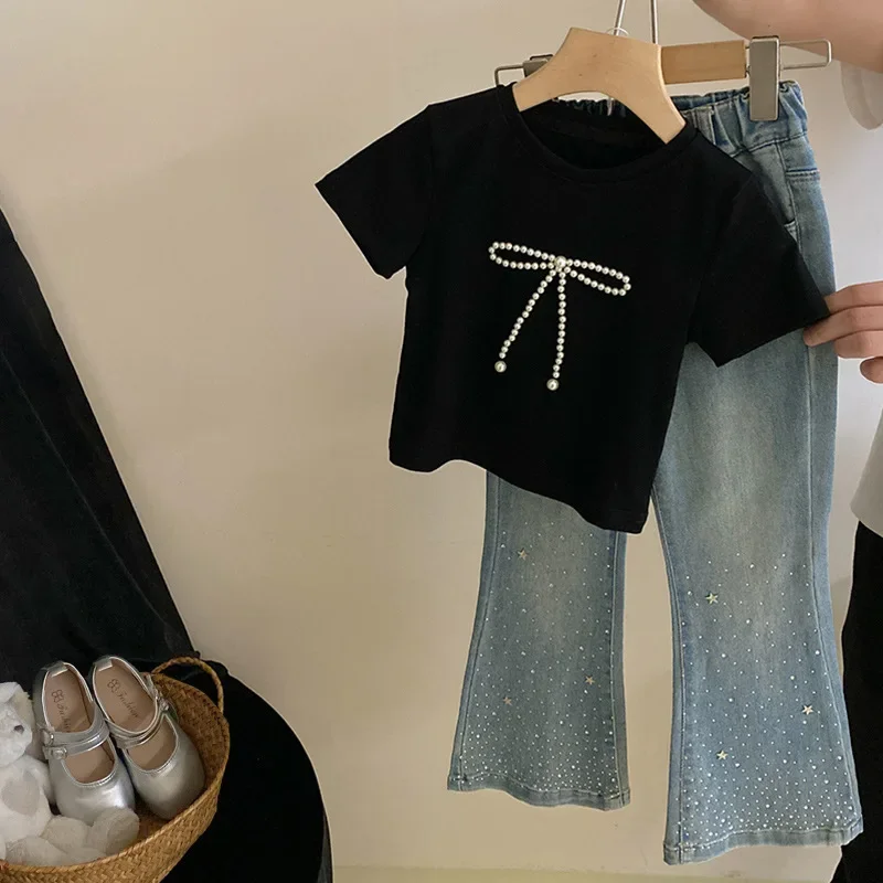 

Childrens Set 2024 Summer New Korean Fashion Bow Top and Jeans Two Pieces Casual Comfortable Children Clothing for Outdoor
