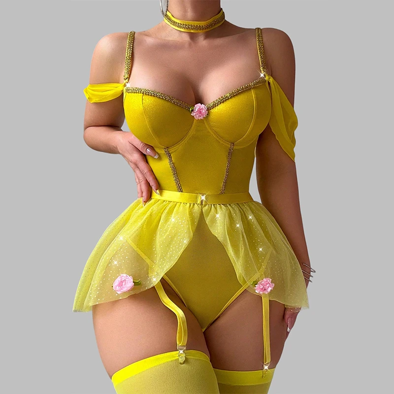 

Romantic Women's Underwear One-Pieces Bodysuit Mini Skirt Stockings 3 Pieces Lingerie Set Princess Pure Desire Sexy Lingerie