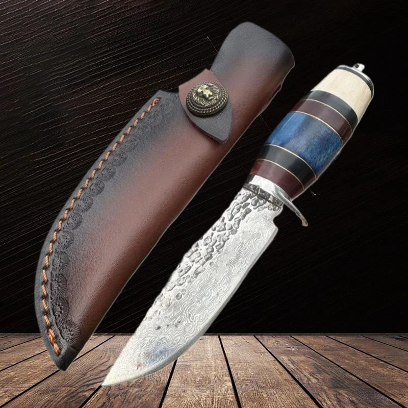 

Damascus Steel Fixed Blade Knifes Bull Bone + Resin Handle Hunting Knife Straight Survival Tacical Collection Knifes with Case
