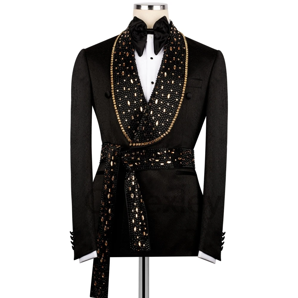 Olibexley Luxury Crystal Beaded Men Suit Slim Fit Wedding Tuxedos 2 Pieces Sets Groom Male Blazers Ropa hombre Customized S331