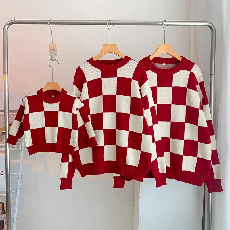 4287E Parent-child Clothes Red Plaid Sweater 2022 Winter Spring Family Knitwear Tops Checkerboard Sweater Casual Pullover