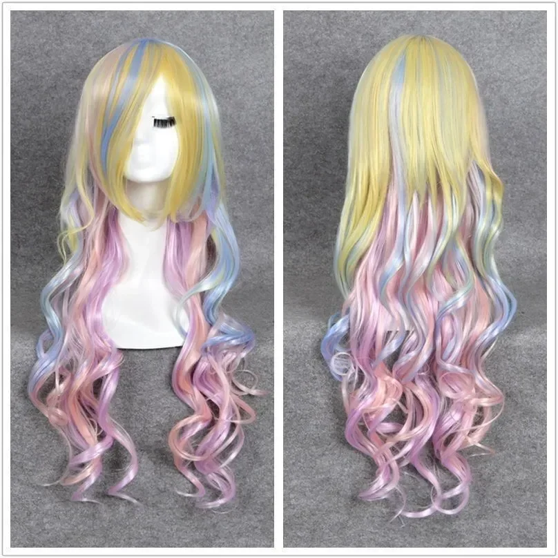 

Women’s Yellow Mixed Pink Curly Rainbow blonde Lolita Unicorn Cosplay Costume Hair Party Wig