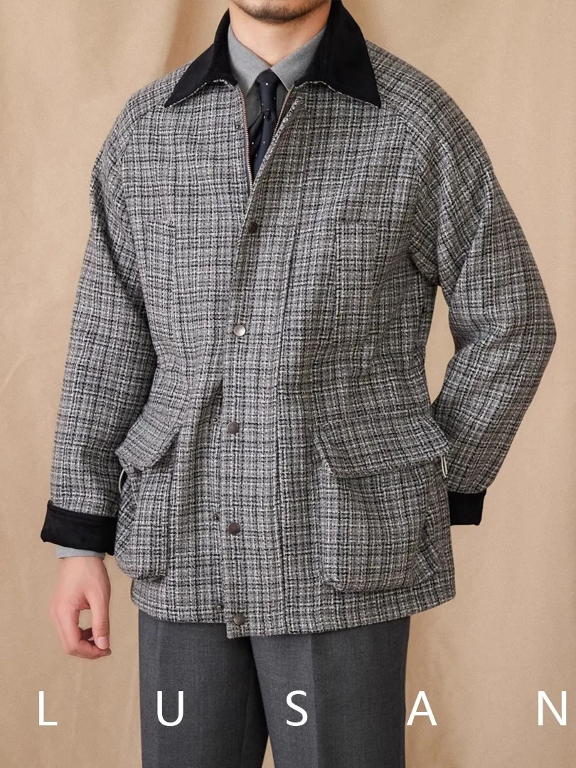 

Men's Wool Blend Hunting Coat | British Thousand-Bird Check Jacket | Retro Winter Warm Blazer | Versatile Casual Outerwear