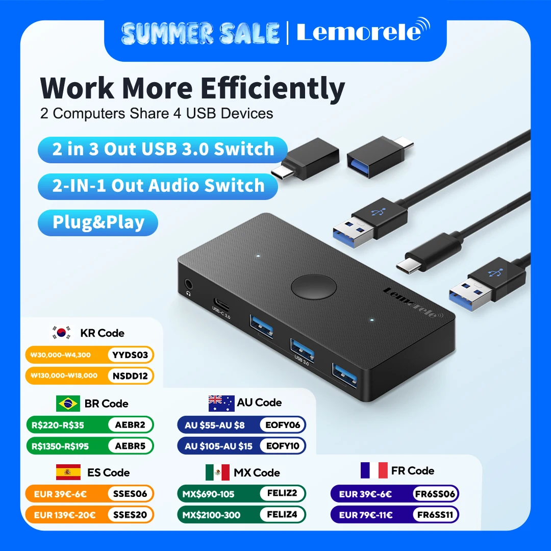 Lemorele H100 USB Switch selector 2 PC/Laptop USB3.0 Hub two-in five-out Shared Switch Plug and play with Windows Mac OS  Linux