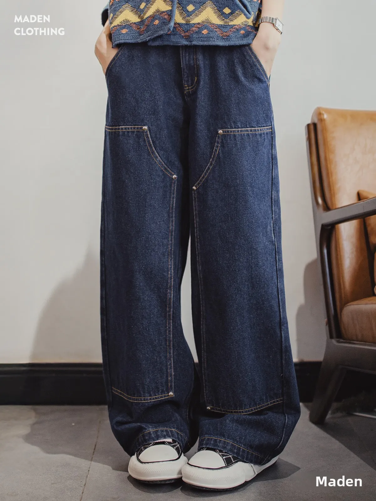 

Джинсы Maden в стиле ретро с талией синего цвета, слегка свободные лоскутные женские джинсы до колена, осенние прямые брюки для спецодежды