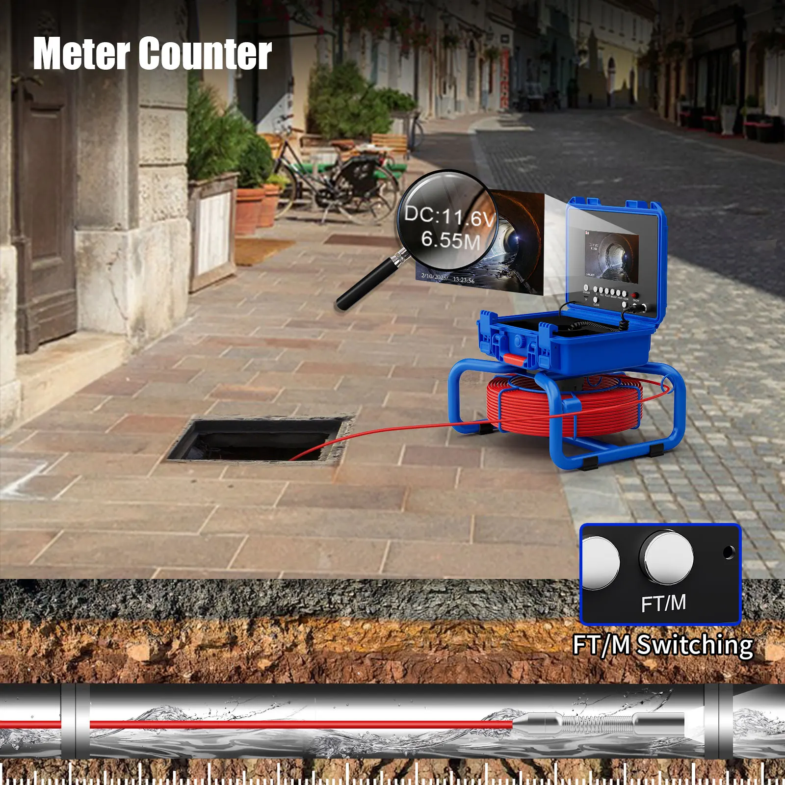 Sewer Pipe  Camera  with Meter Counter and 512HZ Locator DVR 7 inch Waterproof  Video Inspection Endoscope  Camera