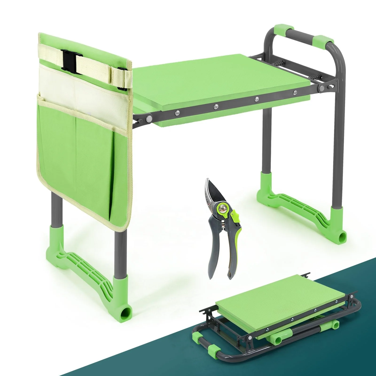Foldable Garden Kneeling Chair Seat Equipped With 2 Large Bags Thick EVA Foam Pads Heavy Duty Metal Frame Tool Bag