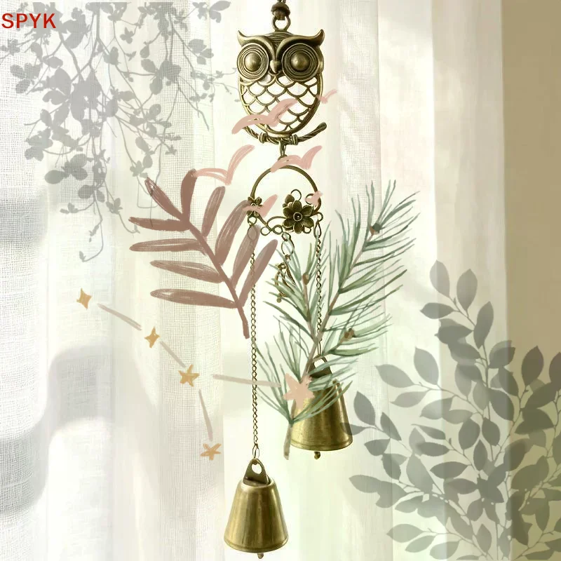 Forest-style Metal Owl Double Bell Wind Chime Entryway Door Decoration Christmas And Thanksgiving Gift