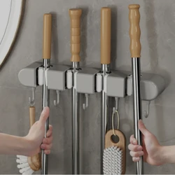 Broom Mop Holder with Hooks Wall Mounted Broom Storage Rack No Drilling Self-Adhesive Mop Broom Organizer Mop Holder Hanger