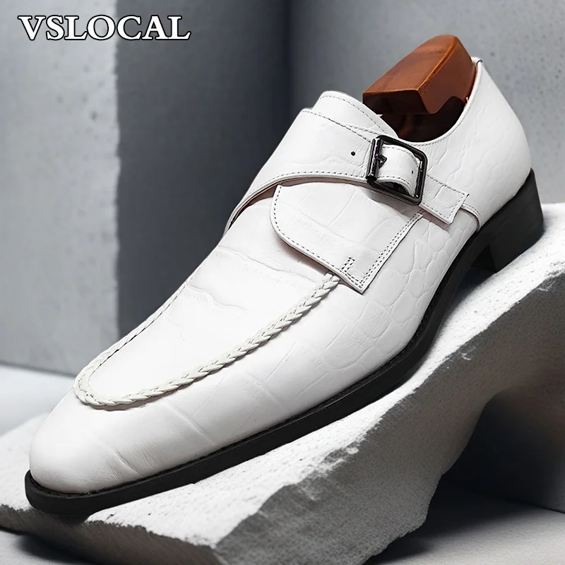 

Luxury Men Leather Shoes Black White Crocodile Prints Buckle Strap Mens Dress Shoes Wedding Office Loafers Shoes For Men