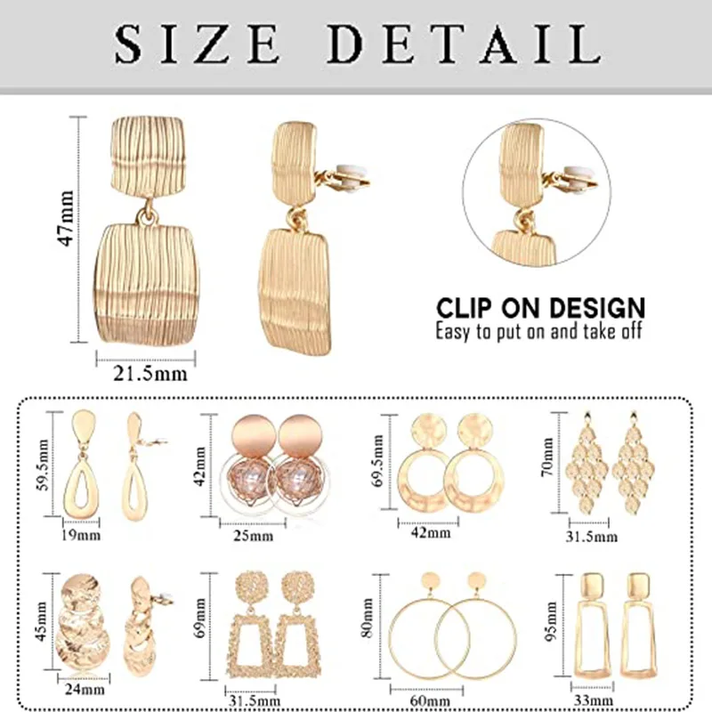 Clip-Ohrringe für Damen, große geometrische quadratische, rechteckige, runde Clip-Hängeohrringe, nicht durchbohrte Ohrringe, Set – Detail 10