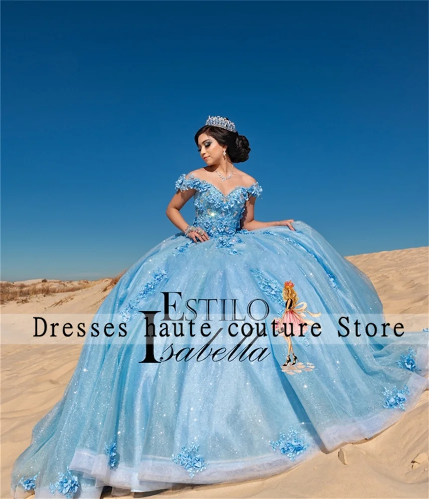 Sky Blue Lace Quinceanera Dresses 2023 Princess Sweet 15 Dresss Birthday Party Dresses With Appliques Vestidos De Quinceañera