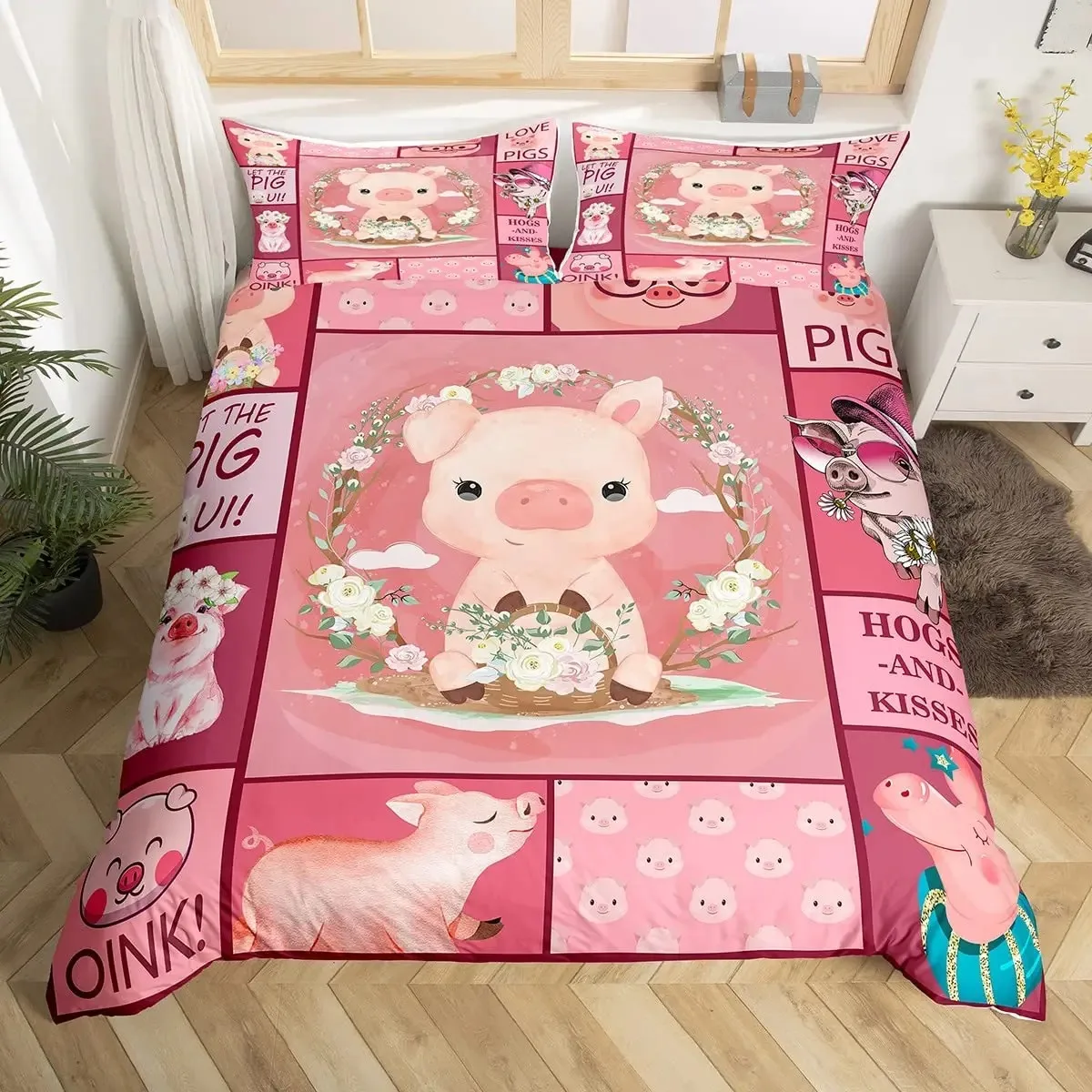 

Cute Pig Duvet Cover Set for Girls,sunflowers Florals Comforter Cover Pink Grid Lattice Plaid Bedding Sets Quilt Cover Full Size