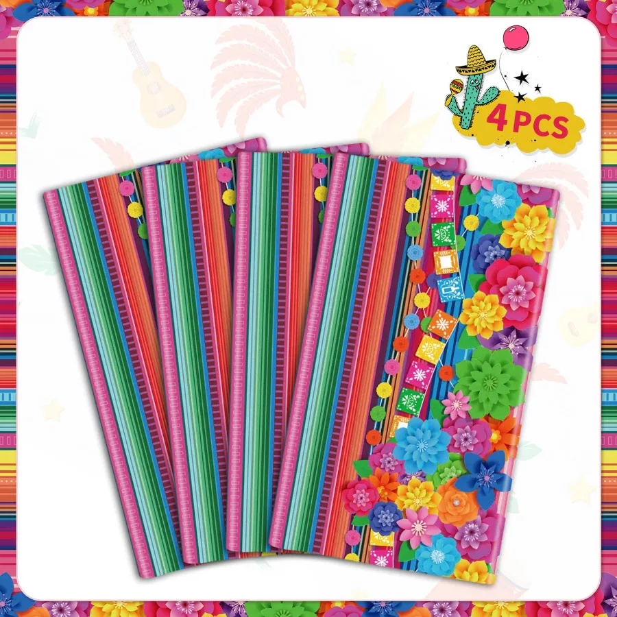 4 Pcs Mexican Fiesta Tablecloth Cinco De Mayo Plastic Table Cover Mexico Colorful Striped Paper Flower Table Cloth Mexican Holi