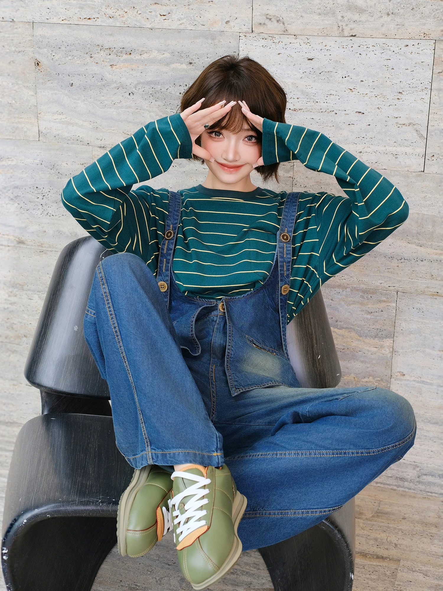 Miku vintage denim macacão solto idade-defng calças de perna larga feminino outono inverno cintura alta calças compridas on-line exclusivo