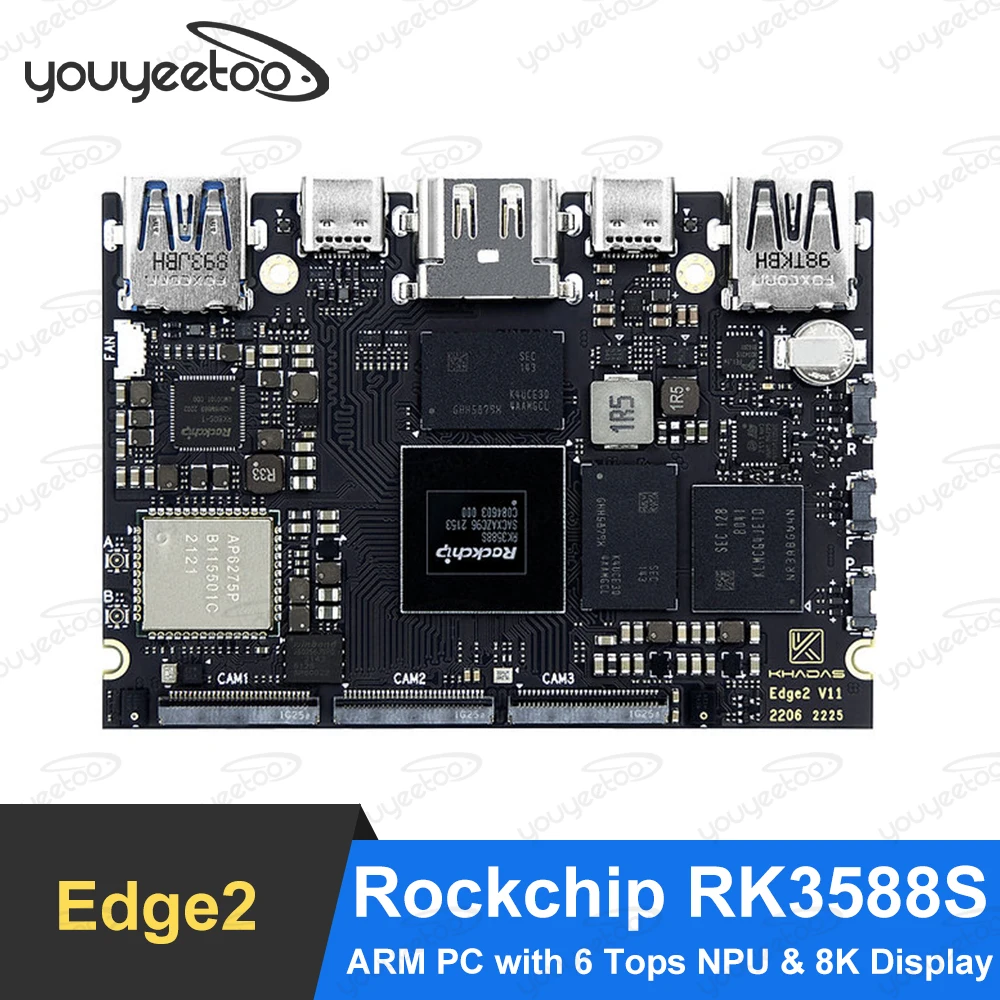 Youyeetoo Edge 2 Development Boards Rockchip RK3588S Single Board ARM Mali-G610 MP4 GPU, 6 TOPS AI NPU,Quad Display Interfaces