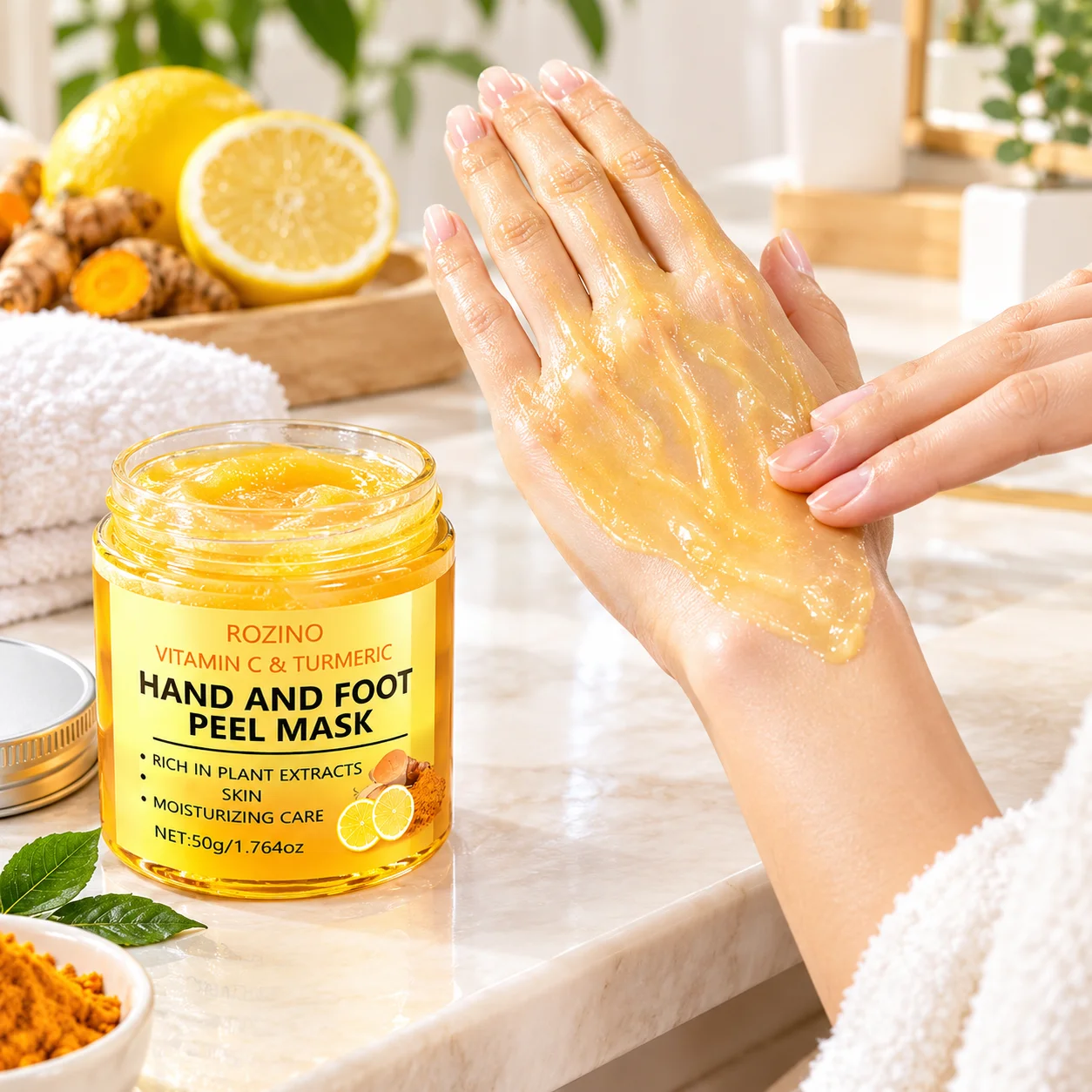 3pcs ROZINO Hand and Foot Peel Mask 50g, Vitamin C Turmeric Hand Care Mask, Moisturizing Foot Care Treatment, Plant Extract Skin Care, Home Spa Beauty Care
