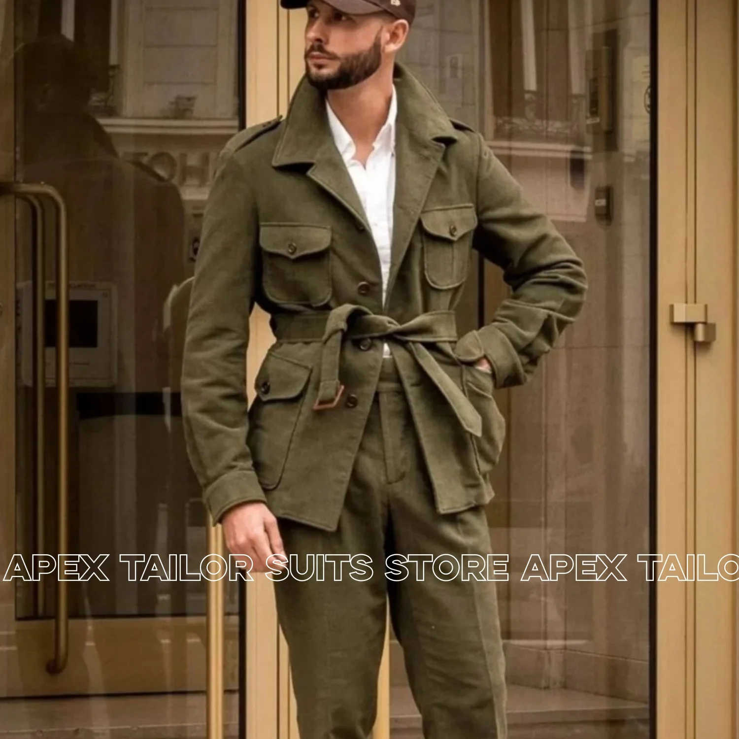 Men 2 Piece Safari Jacket Suit Belted Multi Pockets Jacket Trousers Vintage British Casual Daily Outdoor Gentleman Suit Set