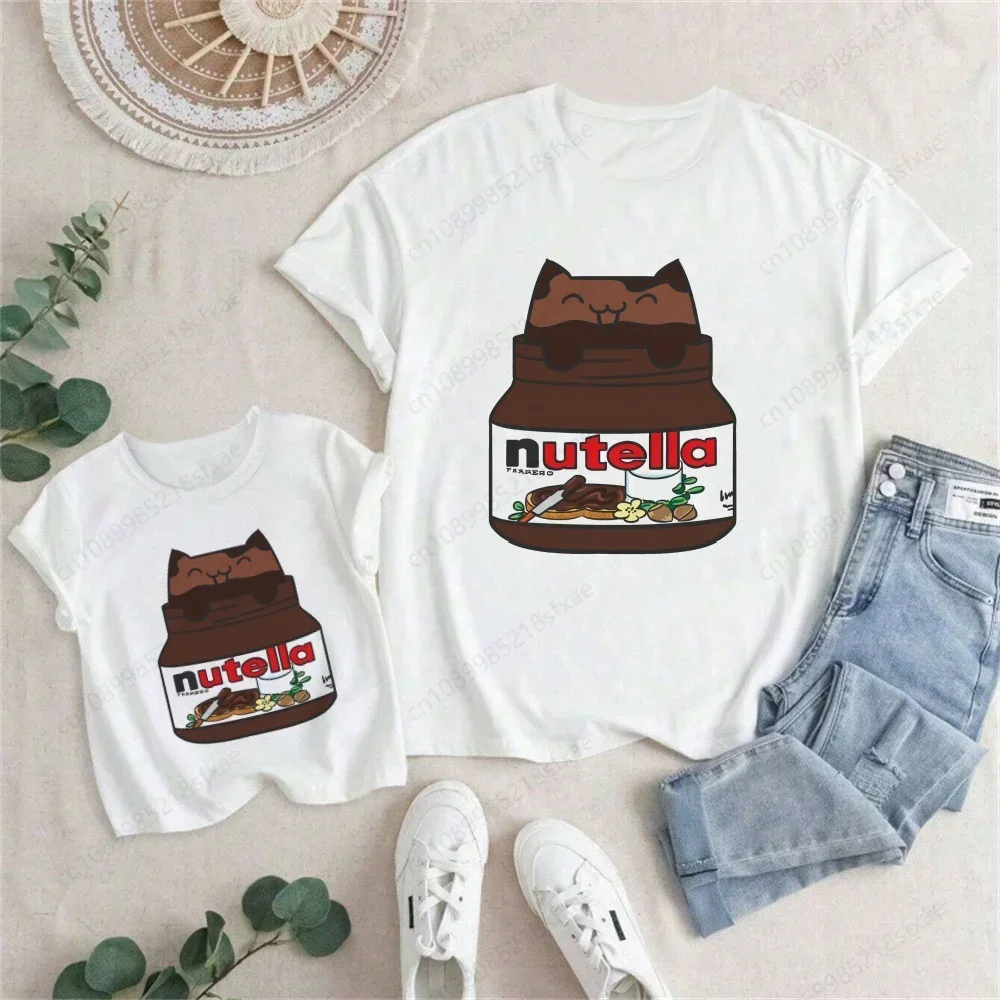 Camisetas blancas de manga corta con cuello redondo y estampado Nutella, trajes familiares a juego, camiseta divertida de dibujos animados para niñas y niños